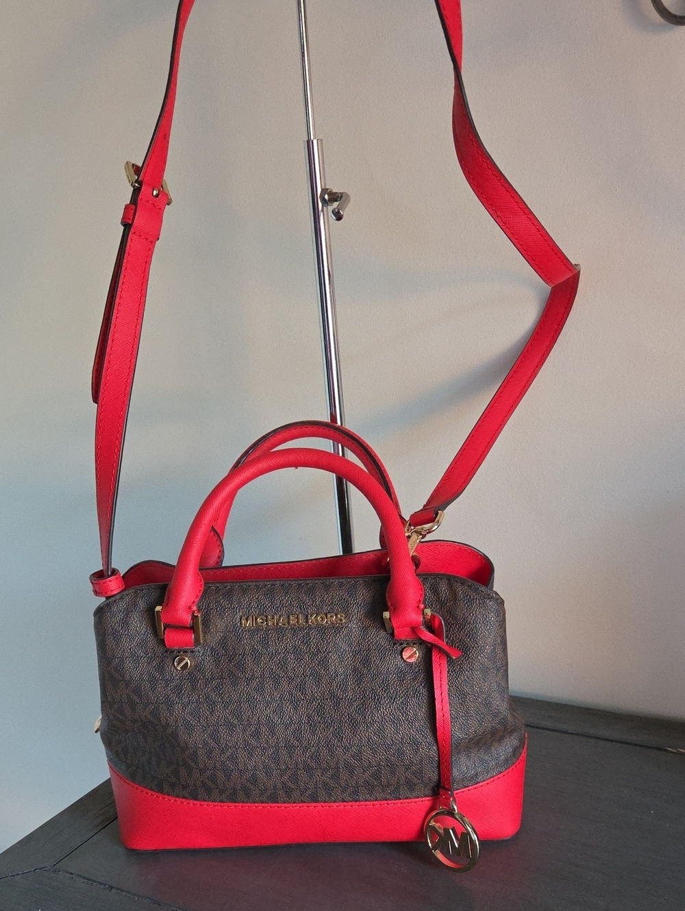 Michael Kors Savannah Small Satchel Brown Logo with Red Trim